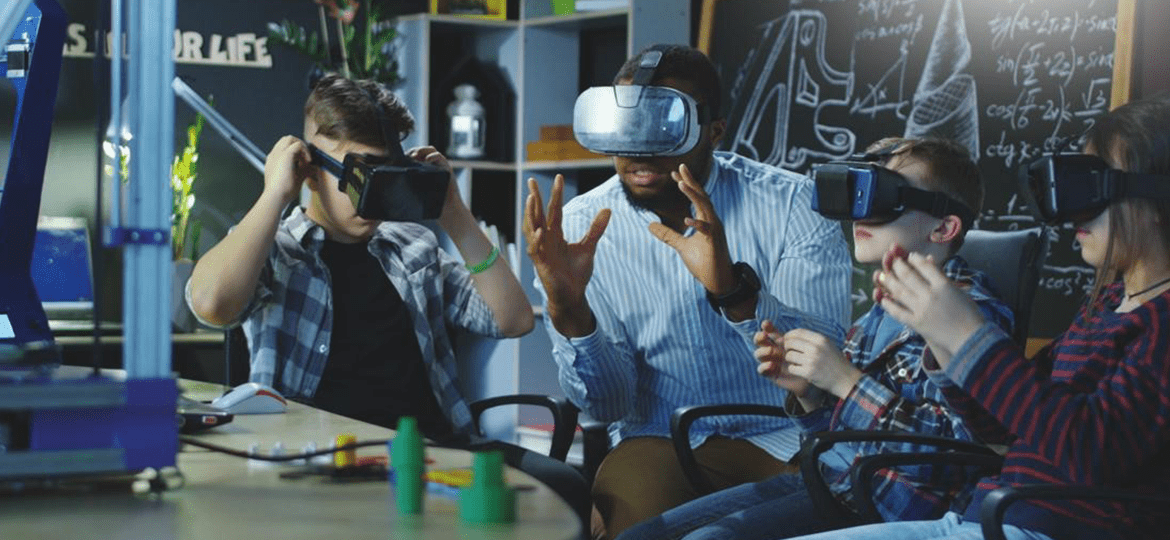 a group of people discussing a topic with the help of VR